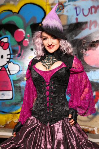 04. Overbust Corset w/Arch Collar Pitch Black Damask - The Amaranth & Aster Collection