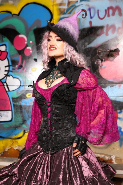 04. Overbust Corset w/Arch Collar Pitch Black Damask - The Amaranth & Aster Collection