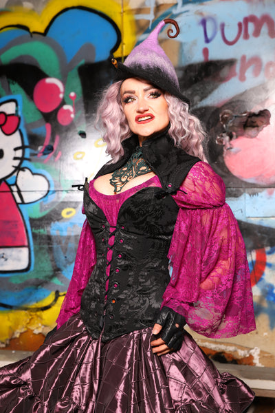 04. Overbust Corset w/Arch Collar Pitch Black Damask - The Amaranth & Aster Collection