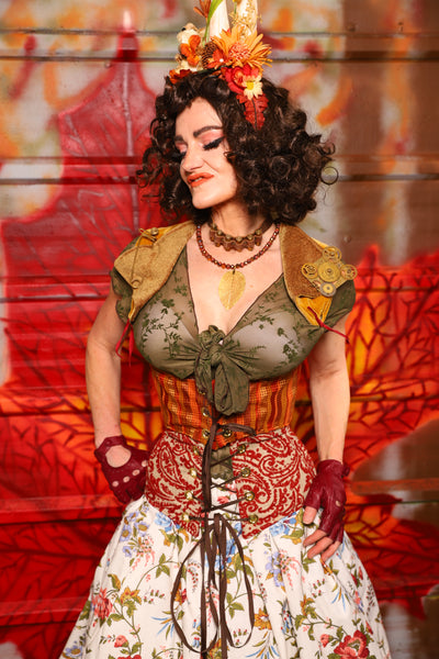 07. Cropped Underbust Corset in Fall Leaves Stripe w/Winchester Collar in Goldenrod Patchwork - The Fall Fabulosity! Collection