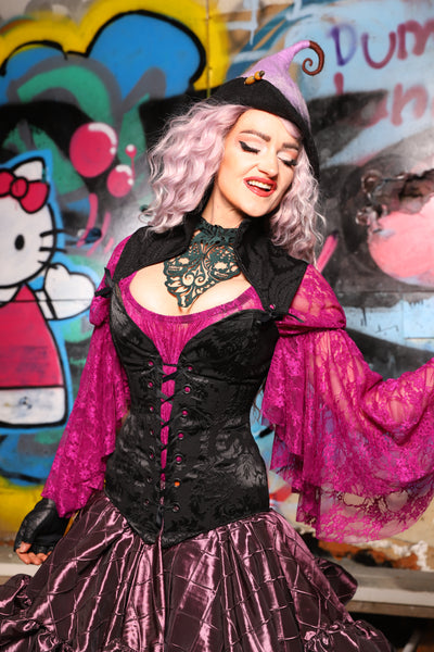 04. Overbust Corset w/Arch Collar Pitch Black Damask - The Amaranth & Aster Collection