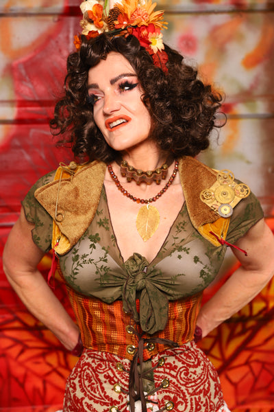 07. Cropped Underbust Corset in Fall Leaves Stripe w/Winchester Collar in Goldenrod Patchwork - The Fall Fabulosity! Collection