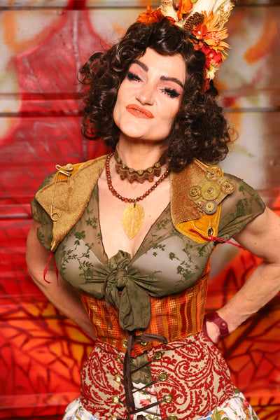 07. Cropped Underbust Corset in Fall Leaves Stripe w/Winchester Collar in Goldenrod Patchwork - The Fall Fabulosity! Collection