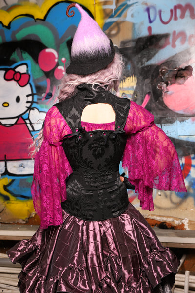 04. Overbust Corset w/Arch Collar Pitch Black Damask - The Amaranth & Aster Collection