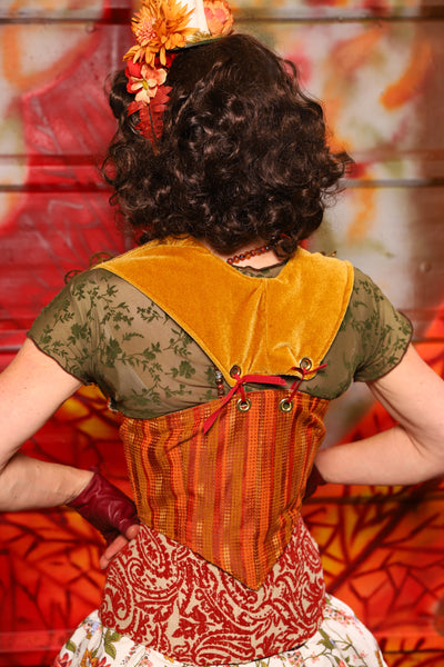 07. Cropped Underbust Corset in Fall Leaves Stripe w/Winchester Collar in Goldenrod Patchwork - The Fall Fabulosity! Collection