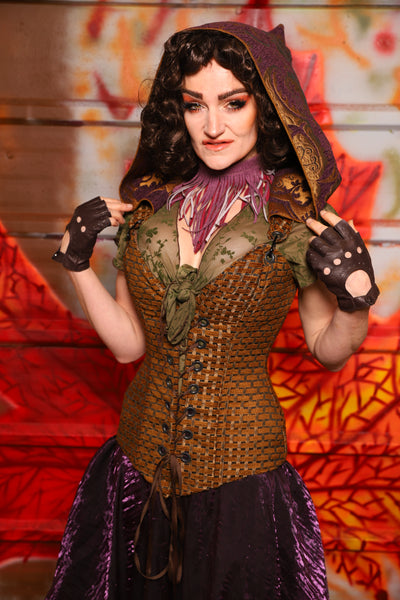 01. Courtier Corset in Beaver Upholstery *with Plum & Gold Medallion Hood* - The Fall Fabulosity! Collection