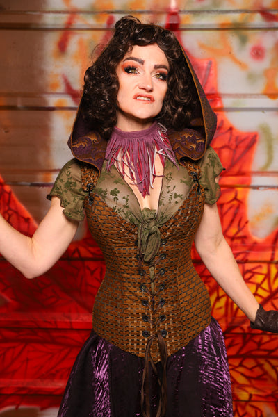 01. Courtier Corset in Beaver Upholstery *with Plum & Gold Medallion Hood* - The Fall Fabulosity! Collection