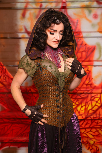 01. Courtier Corset in Beaver Upholstery *with Plum & Gold Medallion Hood* - The Fall Fabulosity! Collection