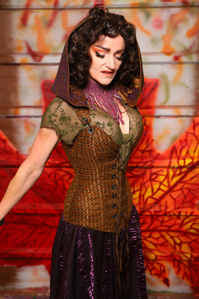 01. Courtier Corset in Beaver Upholstery *with Plum & Gold Medallion Hood* - The Fall Fabulosity! Collection