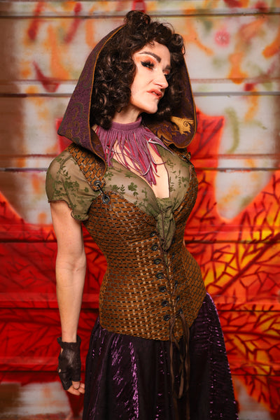 01. Courtier Corset in Beaver Upholstery *with Plum & Gold Medallion Hood* - The Fall Fabulosity! Collection