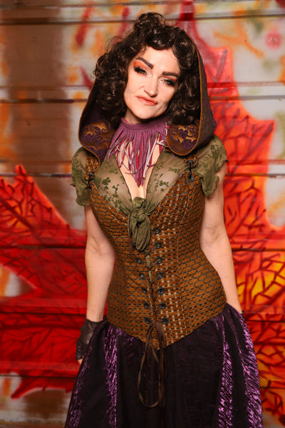01. Courtier Corset in Beaver Upholstery *with Plum & Gold Medallion Hood* - The Fall Fabulosity! Collection