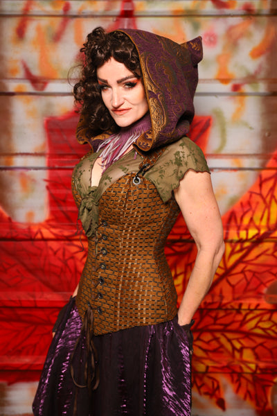 01. Courtier Corset in Beaver Upholstery *with Plum & Gold Medallion Hood* - The Fall Fabulosity! Collection