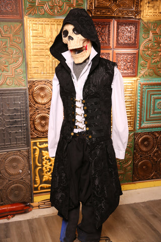 Men's Hooded Flynn Vest w/ Tabard Tails in Black Medallion #15 - "Darken My Door" Collection