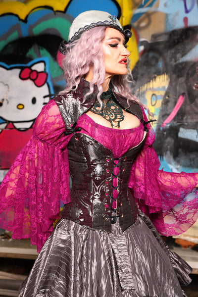 17. Petite  Overbust Corset w/Arch Collar In Plum and Silver Medallion - The Amaranth & Aster Collection