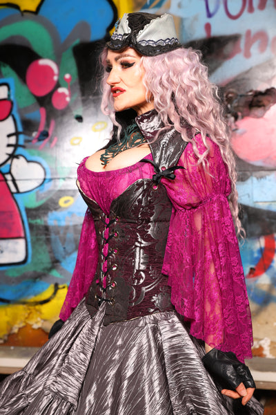 17. Petite  Overbust Corset w/Arch Collar In Plum and Silver Medallion - The Amaranth & Aster Collection