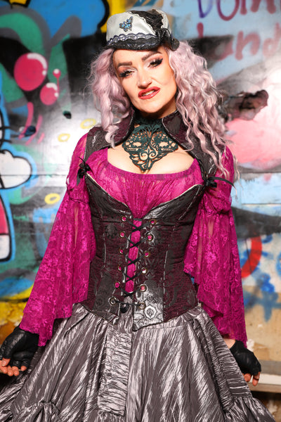 17. Petite  Overbust Corset w/Arch Collar In Plum and Silver Medallion - The Amaranth & Aster Collection