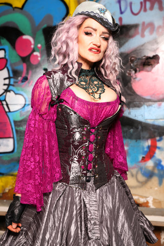 17. Petite  Overbust Corset w/Arch Collar In Plum and Silver Medallion - The Amaranth & Aster Collection