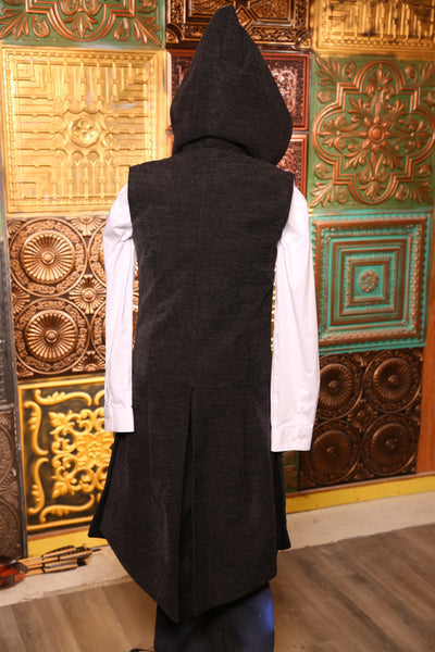 Men's Hooded Flynn Vest in Charcoal Upholstery with Tabard Tails #16 - "Darken My Door" Collection