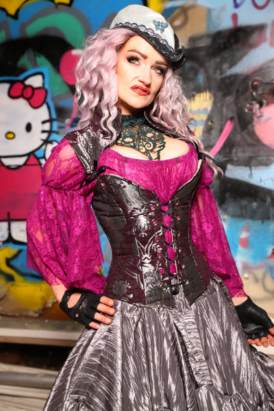 17. Petite  Overbust Corset w/Arch Collar In Plum and Silver Medallion - The Amaranth & Aster Collection