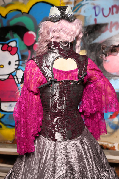 17. Petite  Overbust Corset w/Arch Collar In Plum and Silver Medallion - The Amaranth & Aster Collection