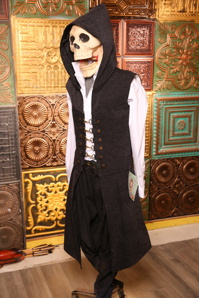 Men's Hooded Flynn Vest in Charcoal Upholstery with Tabard Tails #16 - "Darken My Door" Collection