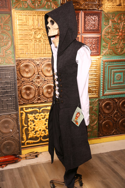 Men's Hooded Flynn Vest in Charcoal Upholstery with Tabard Tails #16 - "Darken My Door" Collection