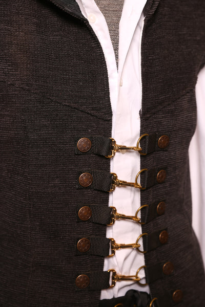 Men's Hooded Flynn Vest in Charcoal Upholstery with Tabard Tails #16 - "Darken My Door" Collection