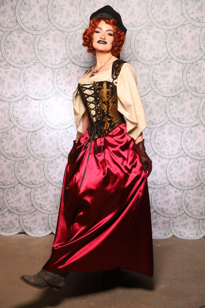 30. Tulip Skirt w/ruffle In Cranberry Stretch Satin - The Tudor Tarot Collection
