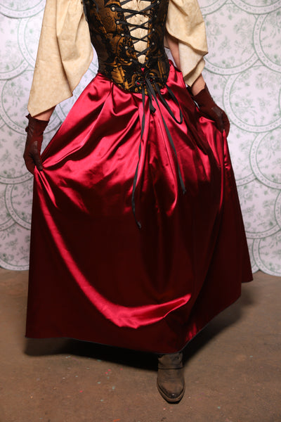 30. Tulip Skirt w/ruffle In Cranberry Stretch Satin - The Tudor Tarot Collection