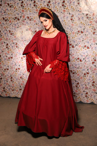 Medieval Gown with Long Red Lace Trim in Crimson Matte Reverse Crepe Satin - The Tudor Tidings Collection