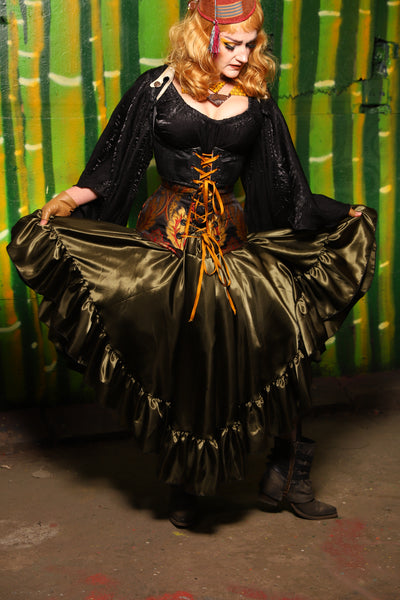 Crescent Skirt w/ Ruffle in Olive Shine - The Eternal Flame Collection