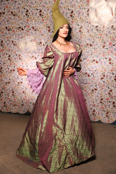 Medieval Gown with Long Lavender Lace Trim in Embrace Two Tone Pintuck - The Tudor Tidings Collection