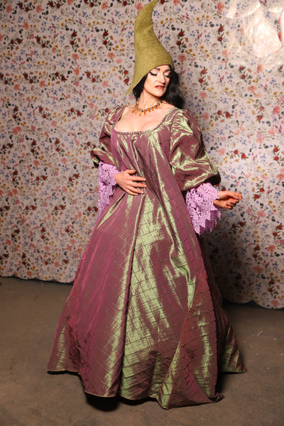Medieval Gown with Long Lavender Lace Trim in Embrace Two Tone Pintuck - The Tudor Tidings Collection