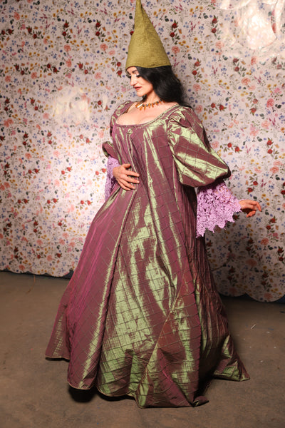 Medieval Gown with Long Lavender Lace Trim in Embrace Two Tone Pintuck - The Tudor Tidings Collection