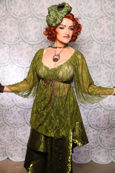 02. Classic Blouse With Leaf Sleeves In Olive Green Stretch Lace - The Tudor Tarot Collection