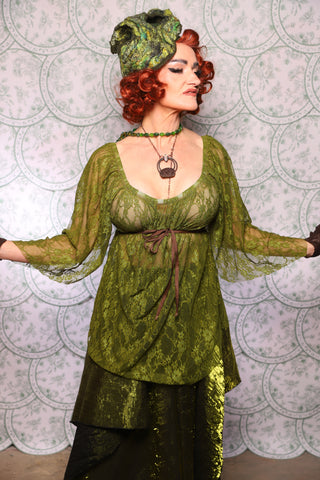 02. Classic Blouse With Leaf Sleeves In Olive Green Stretch Lace - The Tudor Tarot Collection