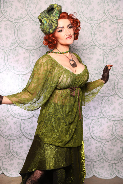 02. Classic Blouse With Leaf Sleeves In Olive Green Stretch Lace - The Tudor Tarot Collection