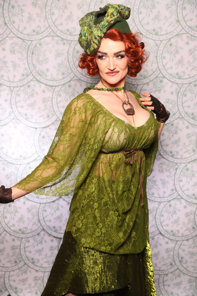 02. Classic Blouse With Leaf Sleeves In Olive Green Stretch Lace - The Tudor Tarot Collection
