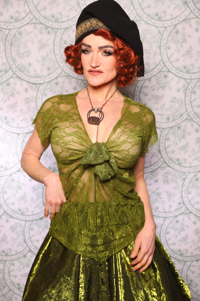 24. Knotty Blouse In Olive Stretch Lace - The Tudor Tarot Collection