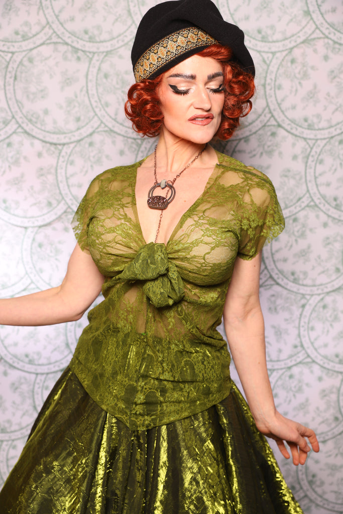 24. Knotty Blouse In Olive Stretch Lace - The Tudor Tarot Collection