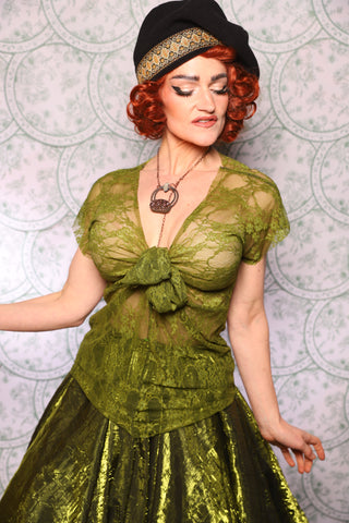 24. Knotty Blouse In Olive Stretch Lace - The Tudor Tarot Collection