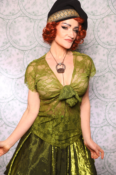 24. Knotty Blouse In Olive Stretch Lace - The Tudor Tarot Collection
