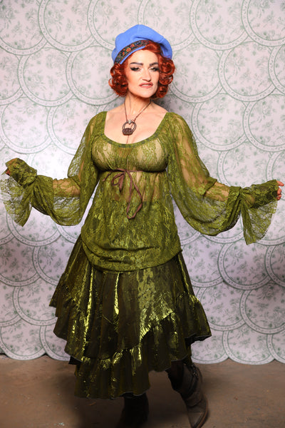 03. Classic Blouse With Long Sleeves In Olive Stretch Lace - The Tudor Tarot Collection