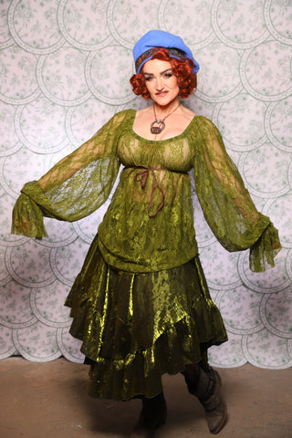 03. Classic Blouse With Long Sleeves In Olive Stretch Lace - The Tudor Tarot Collection
