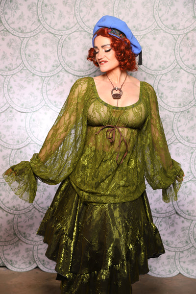 03. Classic Blouse With Long Sleeves In Olive Stretch Lace - The Tudor Tarot Collection