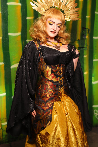 Vixen Corset w/Knee Length Tails & Pockets in Firecracker Medallion - The Eternal Flame Collection