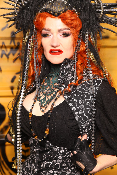 Lace Up Vest in Black Brush Strokes w/Front Panels in Dancing Skeleton - The Parlay and Promenade Collection