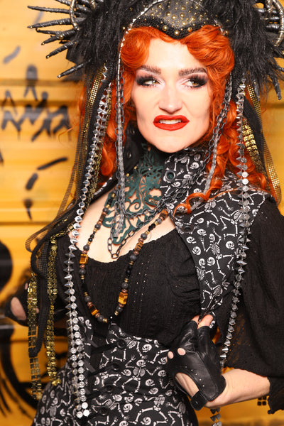 Lace Up Vest in Black Brush Strokes w/Front Panels in Dancing Skeleton - The Parlay and Promenade Collection