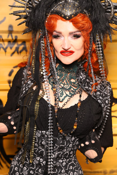 Lace Up Vest in Black Brush Strokes w/Front Panels in Dancing Skeleton - The Parlay and Promenade Collection