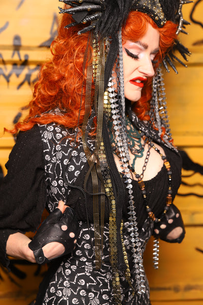 Lace Up Vest in Black Brush Strokes w/Front Panels in Dancing Skeleton - The Parlay and Promenade Collection